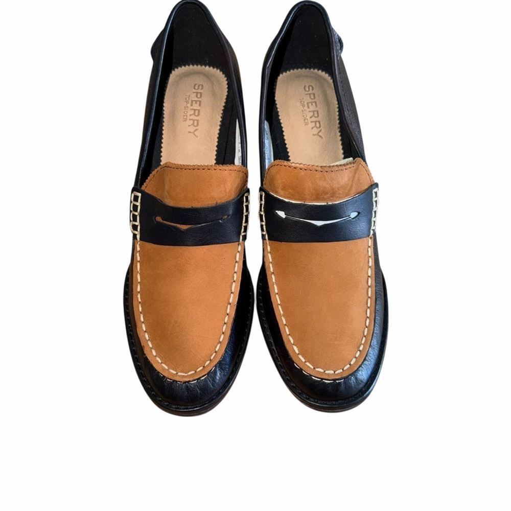 Sperry Seaport Penny Loafer Heels Womens 7.5 Tan Black Leather Block Heel Preppy - Picture 4 of 7